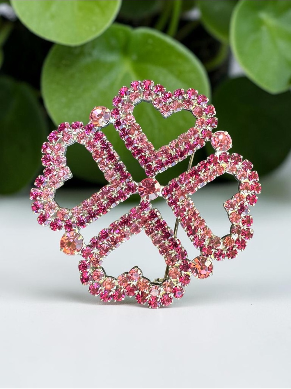 RMN Vintage Pink Rhinestone Heart Clover Brooch Pin
